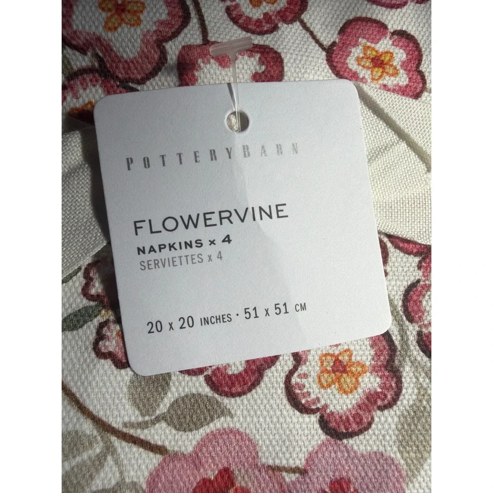 Pottery Barn Flowervine Napkins Set of 4 Pink Floral Botanical 20x20 New